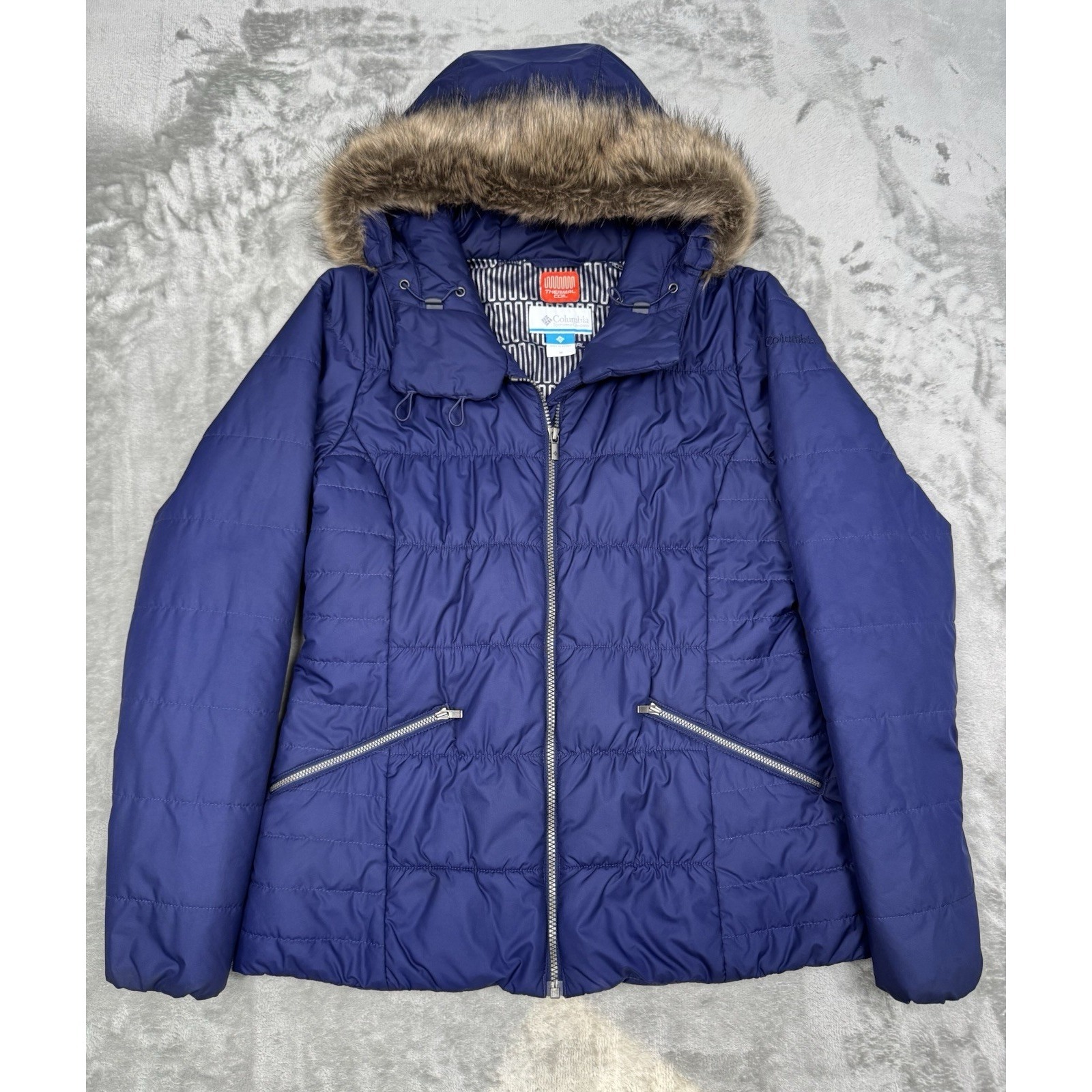 Columbia Puffer Jacket Womens Medium Thermal Coil Blue Hooded Faux Fur Coat Omni
